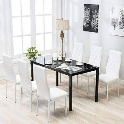 Kosy Koala Black Glass Dining Table Set With Set Of 6 White Faux Leather Chairs Dining Room Furniture - image 1