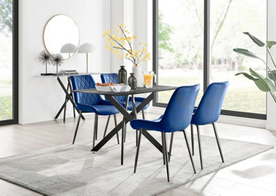Furniturebox Uk Leonardo Grey Glass Marble Effect Black Leg Table & 4 Navy Pesaro Black Leg Chairs - image 1