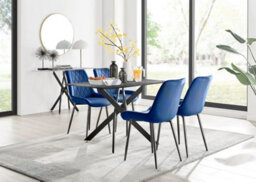 Furniturebox Uk Leonardo Grey Glass Marble Effect Black Leg Table & 4 Navy Pesaro Black Leg Chairs