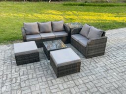 Fimous High Back Rattan Garden Furniture Set With Square Coffee Table Side Table Outdoor Patio Lounge Sofa Set Dark Grey Mixed - thumbnail 2