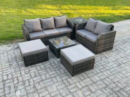 Fimous High Back Rattan Garden Furniture Set With Square Coffee Table Side Table Outdoor Patio Lounge Sofa Set Dark Grey Mixed - thumbnail 1