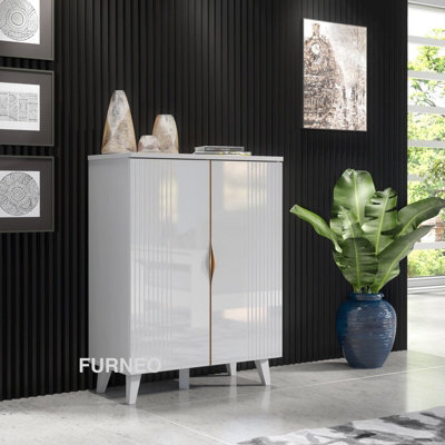 Furneo White 2-Door High Gloss & Matt Sideboard Cabinet Cupboard Unit Azzurro 14 Brushed Gold Handles - image 1