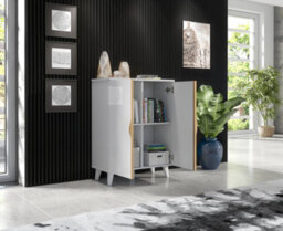 Furneo White 2-Door High Gloss & Matt Sideboard Cabinet Cupboard Unit Azzurro 14 Brushed Gold Handles - thumbnail 2