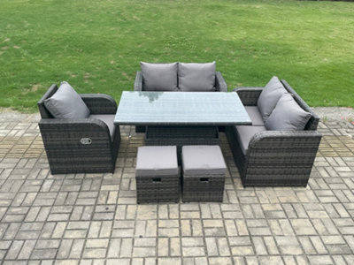 Fimous Wicker Pe Rattan Furniture Garden Dining Set Outdoor Height Adjustable Rising Lifting Table Love Sofa With Reclining Chair - image 1