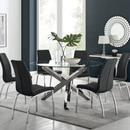 Furniturebox Uk Vogue Large Round Chrome Metal Clear Glass Dining Table And 6 Black Isco Dining Chairs Set - thumbnail 1