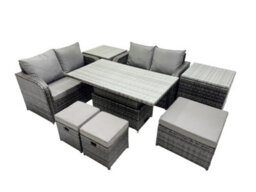 Fimous 7-Seater Patio Height Adjustable Rising Lifting Table Sofa Sets Rattan Garden Furniture Set With 2 Side Table 3 Stools - thumbnail 2