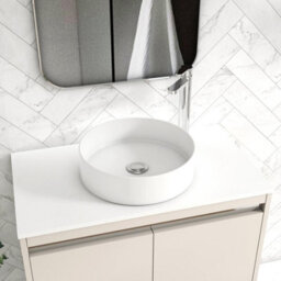 Royal Bathrooms Orion 800mm Warm Taupe Floor Standing Plain White Countertop Vanity Unit 2 Door With Art Basin & Chrome Accent Trim - thumbnail 5