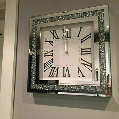 Deenz Elegant 35Cm Crushed Mirror Jewel Wall Clock Roman Numbers Diamante Mirror Glass Clock