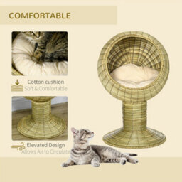 Pawhut Raised Cat House, Natural Mat Grass Cat Bed Stand Cushion, 41X 69 Cm - thumbnail 5