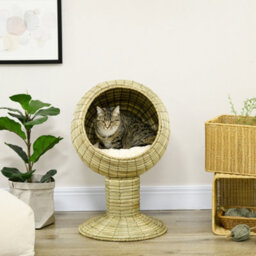Pawhut Raised Cat House, Natural Mat Grass Cat Bed Stand Cushion, 41X 69 Cm - thumbnail 7