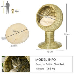 Pawhut Raised Cat House, Natural Mat Grass Cat Bed Stand Cushion, 41X 69 Cm - thumbnail 3
