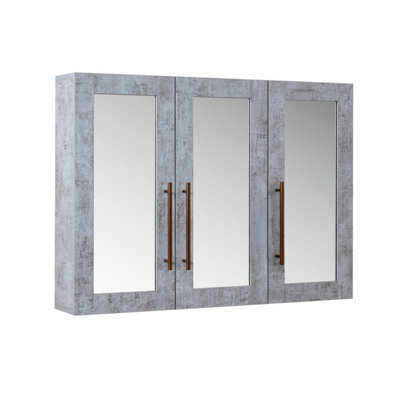 Homestylestore 900 X 650mm Concrete Grey Wall Mounted Mirrored Door Bathroom Cabinet And Brushed Copper T Bar Handles - image 1