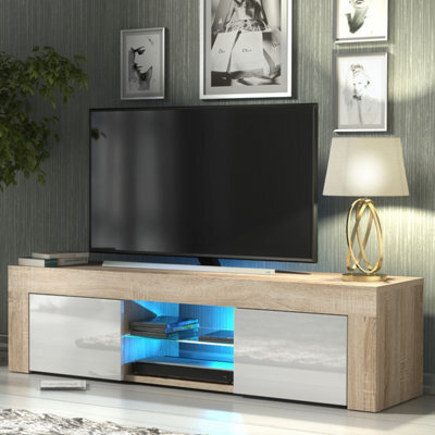 Tv Unit Loom 130Cm - Oak & White Gloss Doors And Led Lights - image 1