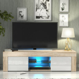Tv Unit Loom 130Cm - Oak & White Gloss Doors And Led Lights - thumbnail 4