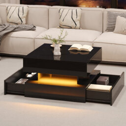 Abrihome Black Liftable Coffee Table With Led Lights - 65X65X38.5Cm High-Gloss Square Side Table, Hidden Storage  For Living Room - thumbnail 8