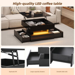 Abrihome Black Liftable Coffee Table With Led Lights - 65X65X38.5Cm High-Gloss Square Side Table, Hidden Storage  For Living Room - thumbnail 5