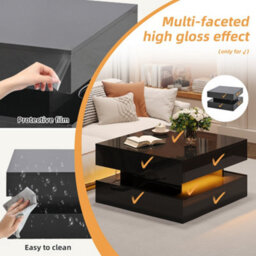 Abrihome Black Liftable Coffee Table With Led Lights - 65X65X38.5Cm High-Gloss Square Side Table, Hidden Storage  For Living Room - thumbnail 6