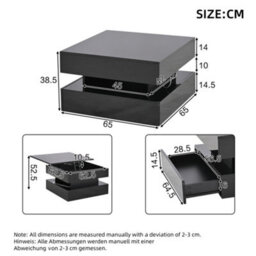 Abrihome Black Liftable Coffee Table With Led Lights - 65X65X38.5Cm High-Gloss Square Side Table, Hidden Storage  For Living Room - thumbnail 4