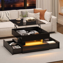 Abrihome Black Liftable Coffee Table With Led Lights - 65X65X38.5Cm High-Gloss Square Side Table, Hidden Storage  For Living Room - thumbnail 1