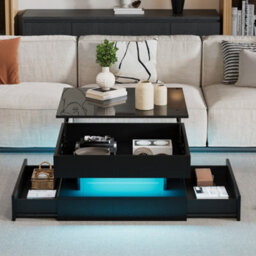Abrihome Black Liftable Coffee Table With Led Lights - 65X65X38.5Cm High-Gloss Square Side Table, Hidden Storage  For Living Room - thumbnail 2