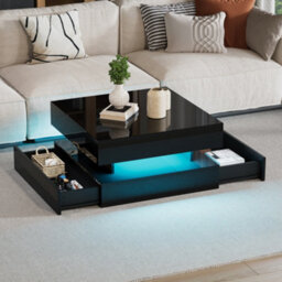 Abrihome Black Liftable Coffee Table With Led Lights - 65X65X38.5Cm High-Gloss Square Side Table, Hidden Storage  For Living Room - thumbnail 3