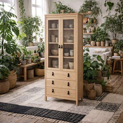 Wyld Haus Wildberry Natural Oak Wood Glass China Cabinet 2 Doors 3 Drawers - image 1