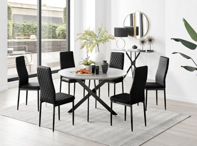 Furniturebox Uk Novara Grey Concrete Effect Black Leg 120Cm Round Dining Table & 6 Black Velvet Milan Black Leg Chairs - image 1