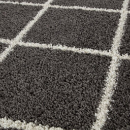 The Rugs Moroccan Shaggy Rugs And Runners Soft Fluffy Diamond Design High Pile Dark Grey And Ivory Living Room Kitchen Hallway 540 - thumbnail 2