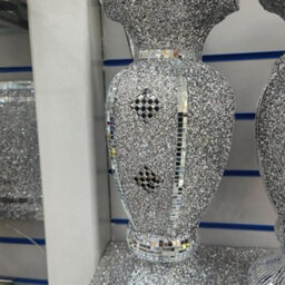 Biznest Silver Sparkle Ornament Bling Diamond Gift, Crushed Mirrored Flower Pot Floral Design Embossed Vase Statue 40Cm