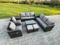 Fimous Rattan Outdoor Garden Furniture Sofa Set Patio Table & Chairs Set With 3 Seater Sofa Reclining Chair 2 Small Footstools - thumbnail 2