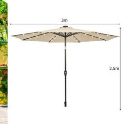 Costway 3M Garden Parasol 24 Solar Power Led Lights Patio Umbrella With Tilt And Crank Handle Beige - thumbnail 3