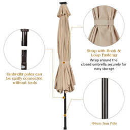 Costway 3M Garden Parasol 24 Solar Power Led Lights Patio Umbrella With Tilt And Crank Handle Beige - thumbnail 8