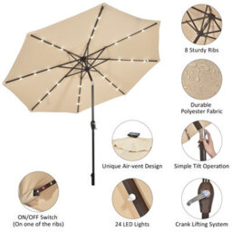 Costway 3M Garden Parasol 24 Solar Power Led Lights Patio Umbrella With Tilt And Crank Handle Beige - thumbnail 9