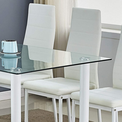 Kitchen Dining Table With 4 Chairs Glass Clear Dining Table With 4 White Leather Padded Chairs, Furnitur Kosy Koala - image 1