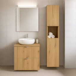 Heze Furniture Dove Bathroom Vanity Cabinets Set With Round Worktop Basin 60Cm And Tall Cabinet In Evoke Oak - thumbnail 1