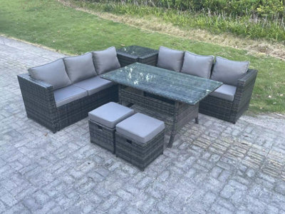 Fimous Outdoor Garden Furniture Set Patio Rattan Rectangular Dining Table Lounge Sofa With 2 Small Footstool Side Table 8 Seater - image 1