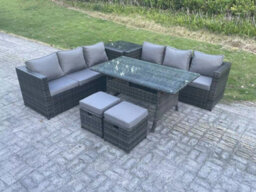 Fimous Outdoor Garden Furniture Set Patio Rattan Rectangular Dining Table Lounge Sofa With 2 Small Footstool Side Table 8 Seater - thumbnail 1