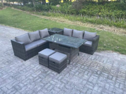 Fimous Outdoor Garden Furniture Set Patio Rattan Rectangular Dining Table Lounge Sofa With 2 Small Footstool Side Table 8 Seater - thumbnail 2
