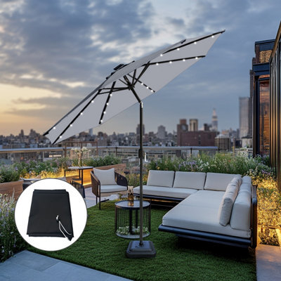 Sundaze 2.7M Grey Garden Parasol Umbrella With Solar Led Lights Crank Tilt Outdoor Patio, Base Weights & Black Cover - image 1