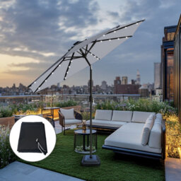 Sundaze 2.7M Grey Garden Parasol Umbrella With Solar Led Lights Crank Tilt Outdoor Patio, Base Weights & Black Cover