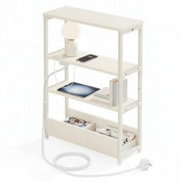 LEDREM Slim Side Table With Charging Station, 3-Tier Narrow Bedside Table, End Table For Small Spaces,cream White - thumbnail 3