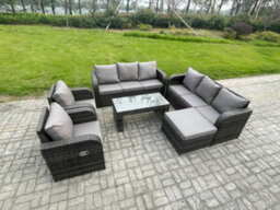 Fimous 9 Seater High Back Rattan Garden Furniture Set With Reclining Chair Rectangular Coffee Table Big Footstool Indoor Outdoor - thumbnail 2