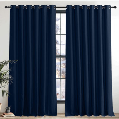 Ameha Plain Thermal Thick Blackout Eyelet Curtain For Living Room Ready Made Ring Top Navy Curtain Pair 90''x108'' Home Decor Uk - image 1