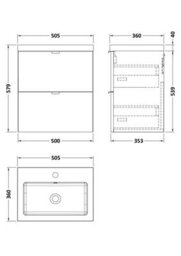 Hudson Reed Fusion Wall Hung 2 Drawer Vanity Unit & Polymarble Basin, Stylish Sink Vanity Unit, Gloss Grey, 500mm - thumbnail 5