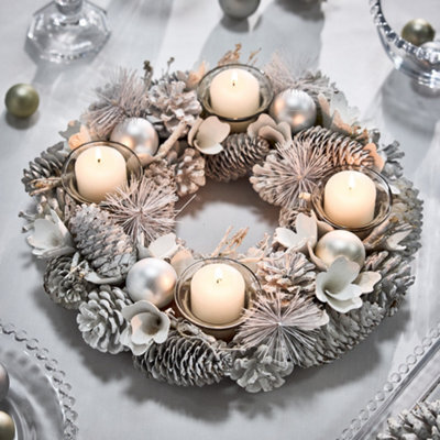 Dibor White Frosted Round Table Centrepiece Christmas Decoration Candle Holder Tealight Holder 30Cm - image 1