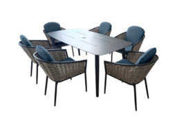 Sh&g Bolingbroke 6 Seat Dining Table Set - 7 Piece Dining Table & Chairs - Aluminium & Brown Rattan With Grey Cushions - Outdoor - thumbnail 7