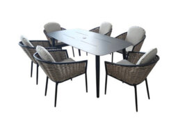 Sh&g Bolingbroke 6 Seat Dining Table Set - 7 Piece Dining Table & Chairs - Aluminium & Brown Rattan With Grey Cushions - Outdoor