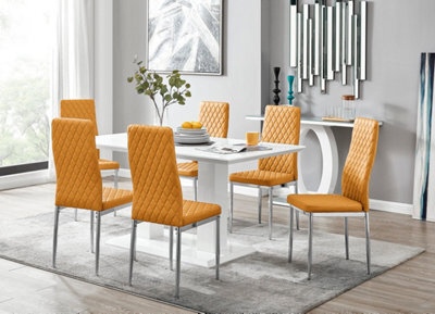 Furniturebox Imperia White High Gloss 6 Seater Dining Table With Structural 2 Plinth Column Legs 6 Mustard Stitched Faux Leather Milan Chairs - image 1