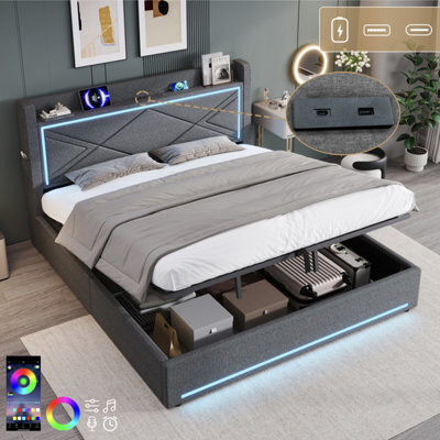 Btm 6Ft Super King Ottoman Bed, Hydraulic Storage, Led & Charging Station, Grey - image 1