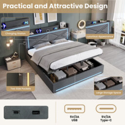 Btm 6Ft Super King Ottoman Bed, Hydraulic Storage, Led & Charging Station, Grey - thumbnail 8